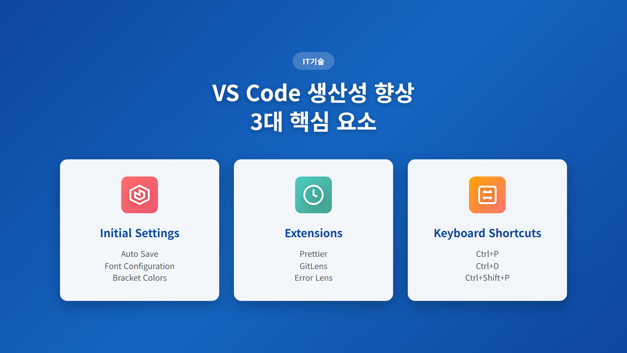 VS Code 생산성 향상 3대 핵심 요소 인포그래픽