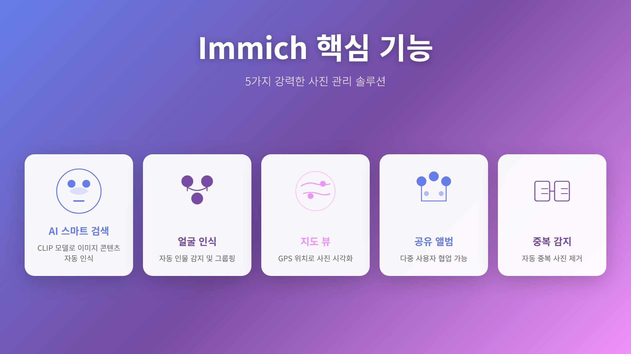 Immich 핵심 기능 5가지 요약 인포그래픽