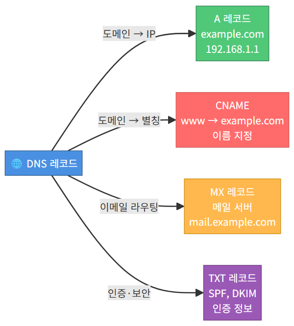 DNS 레코드 유형별 역할과 예시 다이어그램
